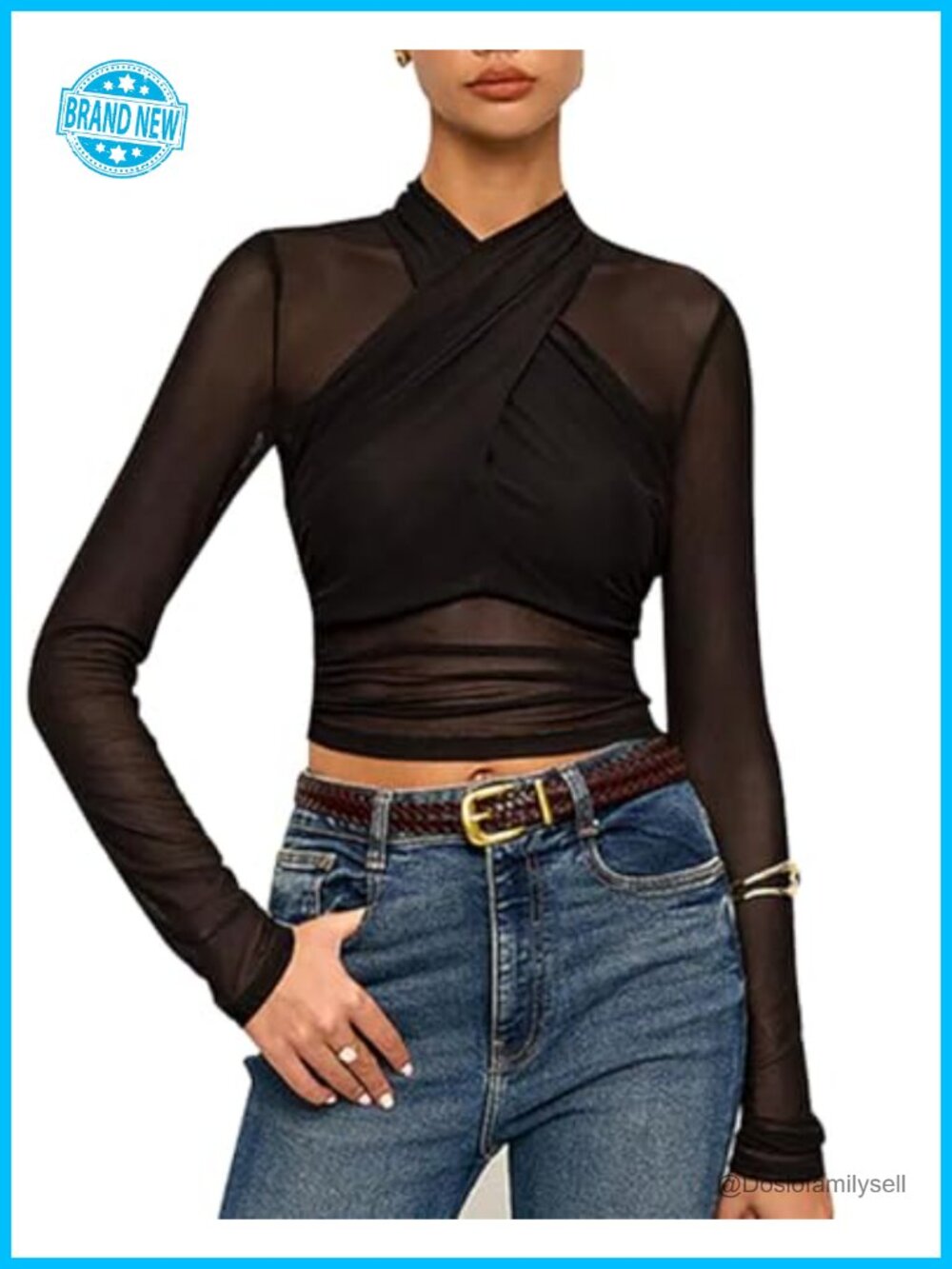 Long Sleeve Mesh Crop Top Women See Through Ruched Blouse Slim Fit